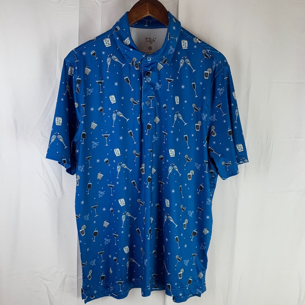 1764 Golf Polo Shirt Mens Large Blue Cocktail Drink Print Performance Stretch